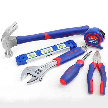 Prime-Line WORKPRO 6-Piece Tool Set, Hammer, Level, Wrench, Multi-Driver, Pliers W009033